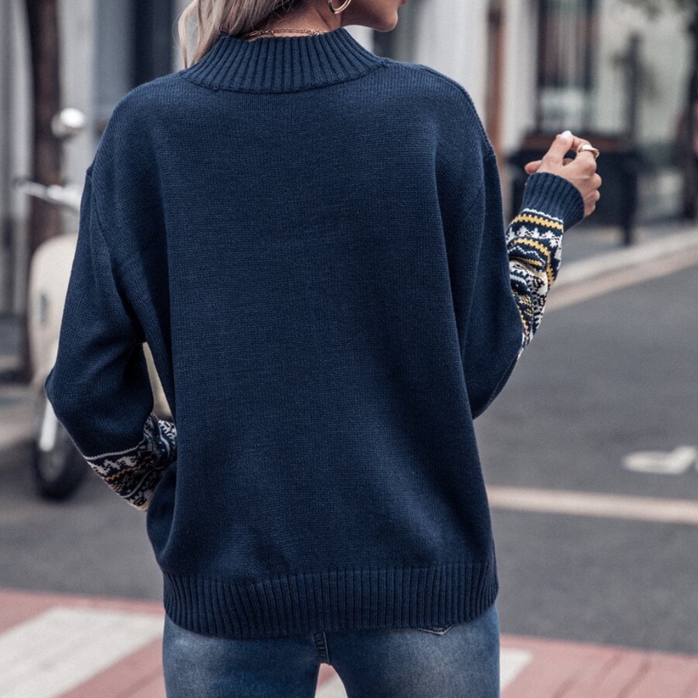 015 Navy Blue Fair isle Print Oversized Sweater Top - Picture 2 of 4
